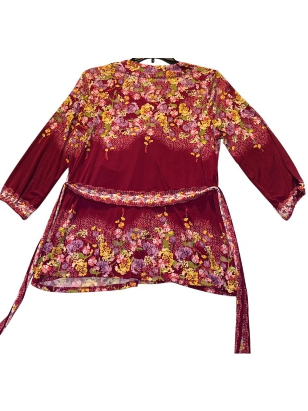 JM Collection Size 0X Floral Wrap Top Ruby Slippers Print 3/4 Sleeve - Picture 4 of 9